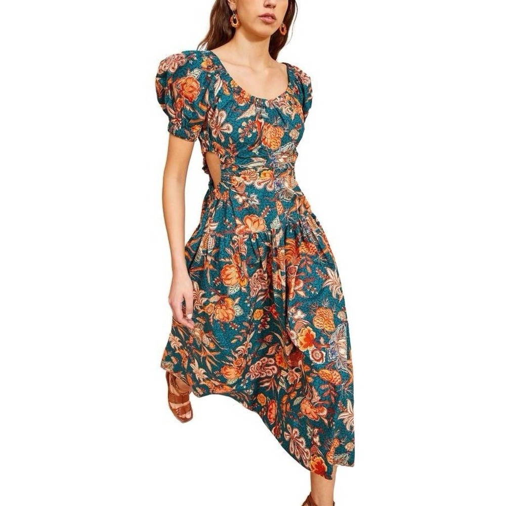 Ulla‎ Johnson Golda Dress Size 4 Delphinium Teal Blue Floral Midi Cut Out NWT